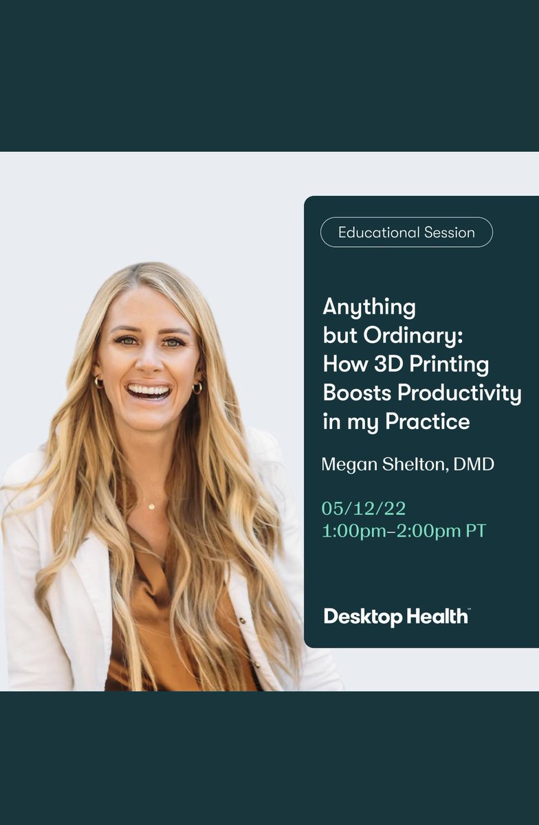 JoeRed_AMT's tweet photo. Join Dr. Megan Shelton as she discusses how 3D printing boosts her productivity within her practice. This Educational Session will be during the CDA South.
#DesktopHealth #Einsteinprinter #dentalprinter #dentaleducation #CDA #3DP #digitaldentistry #dental #3Dprinter #3Dprinting https://t.co/a5rejnItgU