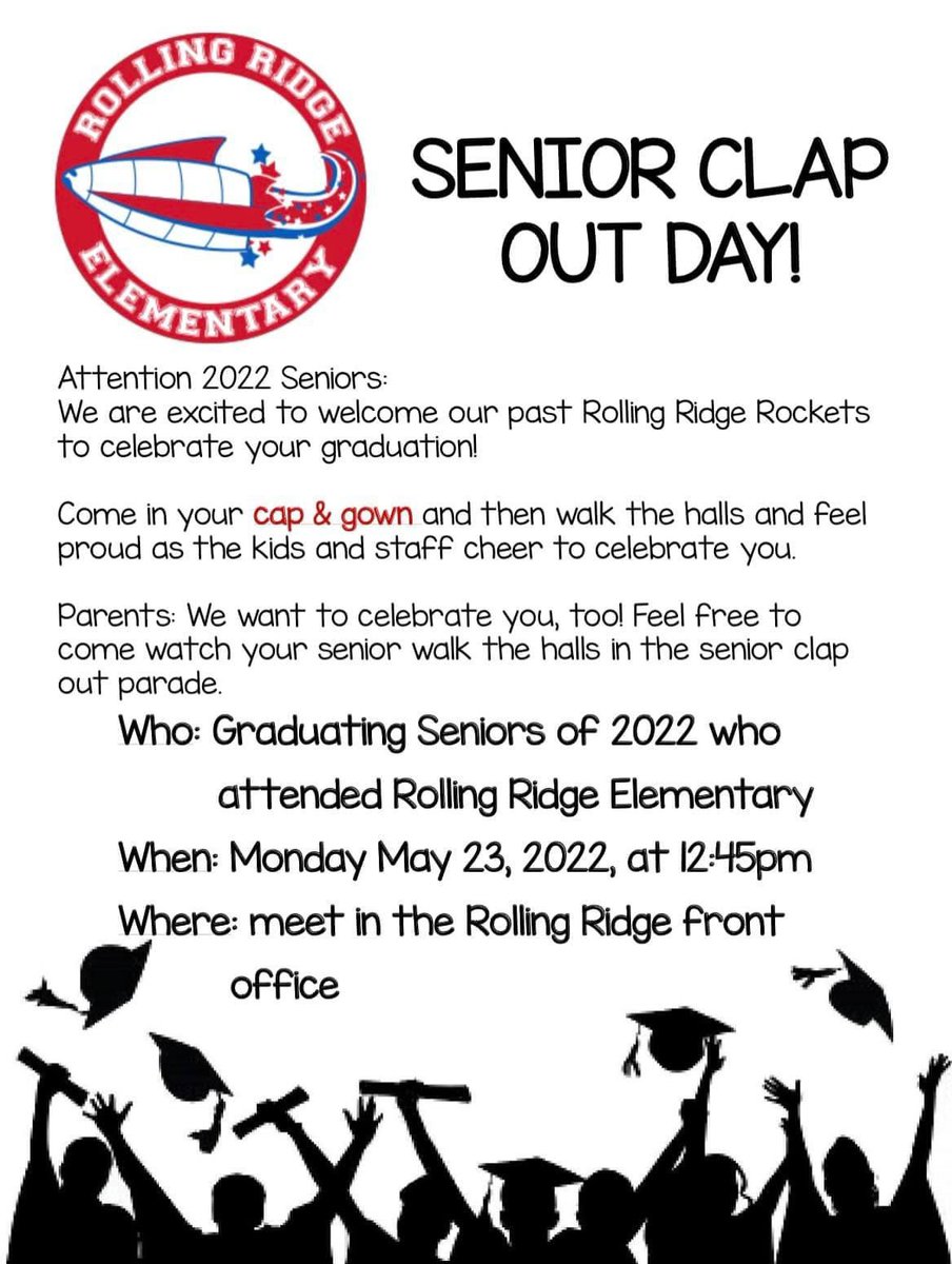 RocketsRR's tweet photo. Calling all seniors who attended Rolling Ridge Elementary. Please join us May 23rd so we can celebrate your achievements! See/share info below! 🚀💙❤️ #Senior2022 #pastrockets #celebrateRR https://t.co/G1zP2GkAOz