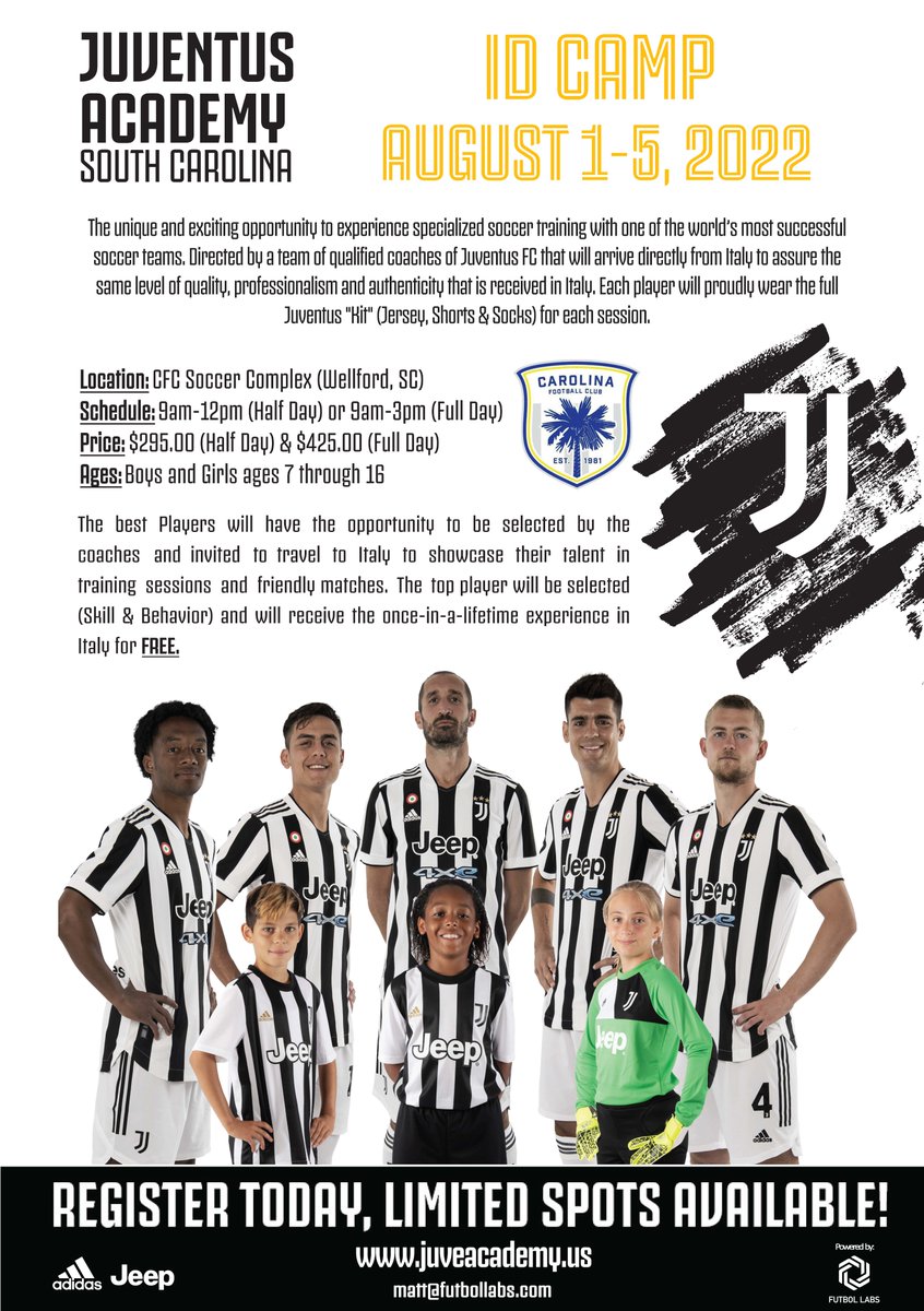 CarolinaFClub's tweet photo. Juventus is coming to CFC August 1 - 5. 3 official and qualified Juve coaches conduct this camp which is open to boys and girls ages 7 - 16. The best players will have the opportunity to be selected and invited to travel to Italy! Visit https://t.co/i6u0720gxs. https://t.co/kNVA5r1yFq