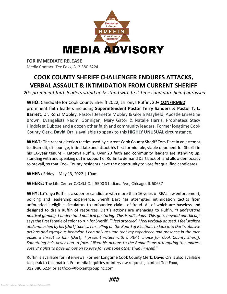 Sheriff Dart accused of intimidating Challenger. 20+ faith & community leaders CONFIRMED to stand with her TOMORROW, 10am! #CookCountySheriff #CookCounty @cbschicago @Suntimes @chicagotribune @ChiTribCloutSt @WVON1690 @mazjac @MediaDervish @JoanEspositoCHI