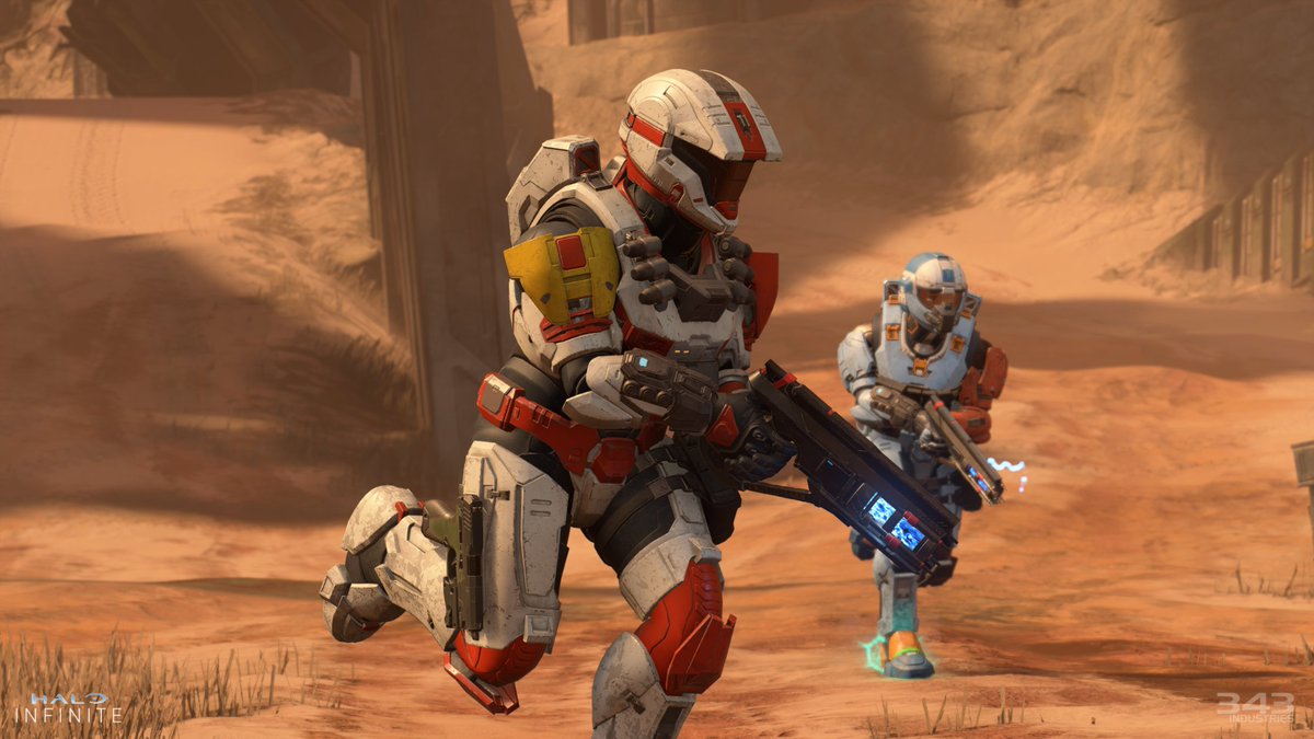 Two Spartans go to battle in Breaker, a new map in Season 2 of Halo Infinite.