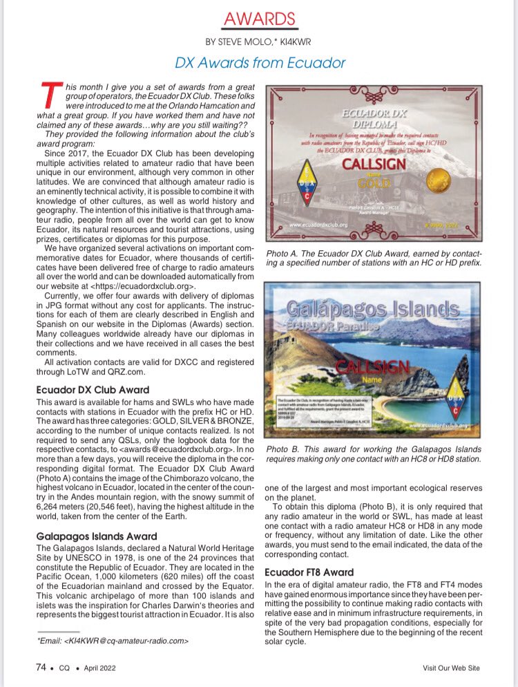 EcuadorDxClub's tweet photo. We are so proud that the one of the most important magazine of radio amateur in the world, has published an article about the diplomas that the Ecuador DX Club offer. Read the information on https://t.co/PP66n1ACQX #hamradio #cqmagazine https://t.co/3RSn7KpBYu