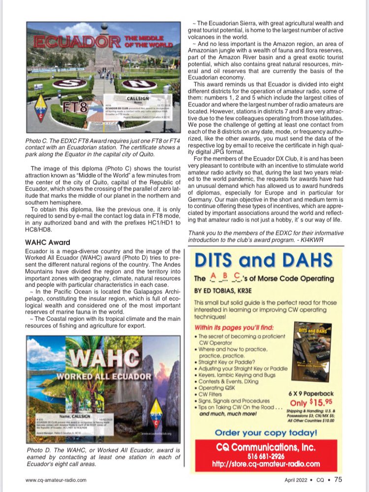 EcuadorDxClub's tweet photo. We are so proud that the one of the most important magazine of radio amateur in the world, has published an article about the diplomas that the Ecuador DX Club offer. Read the information on https://t.co/PP66n1ACQX #hamradio #cqmagazine https://t.co/3RSn7KpBYu