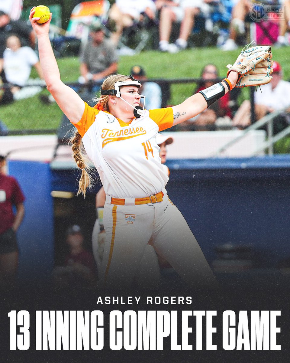 Ashley Rogers appreciation post 👏

<a href="/ashleyrogers_14/">Ashley</a>: 13 IP | 0 ER | 7 K | 161 Pitches

The longest game in <a href="/Vol_Softball/">Tennessee Softball</a> and #SECSB Tournament history 😳