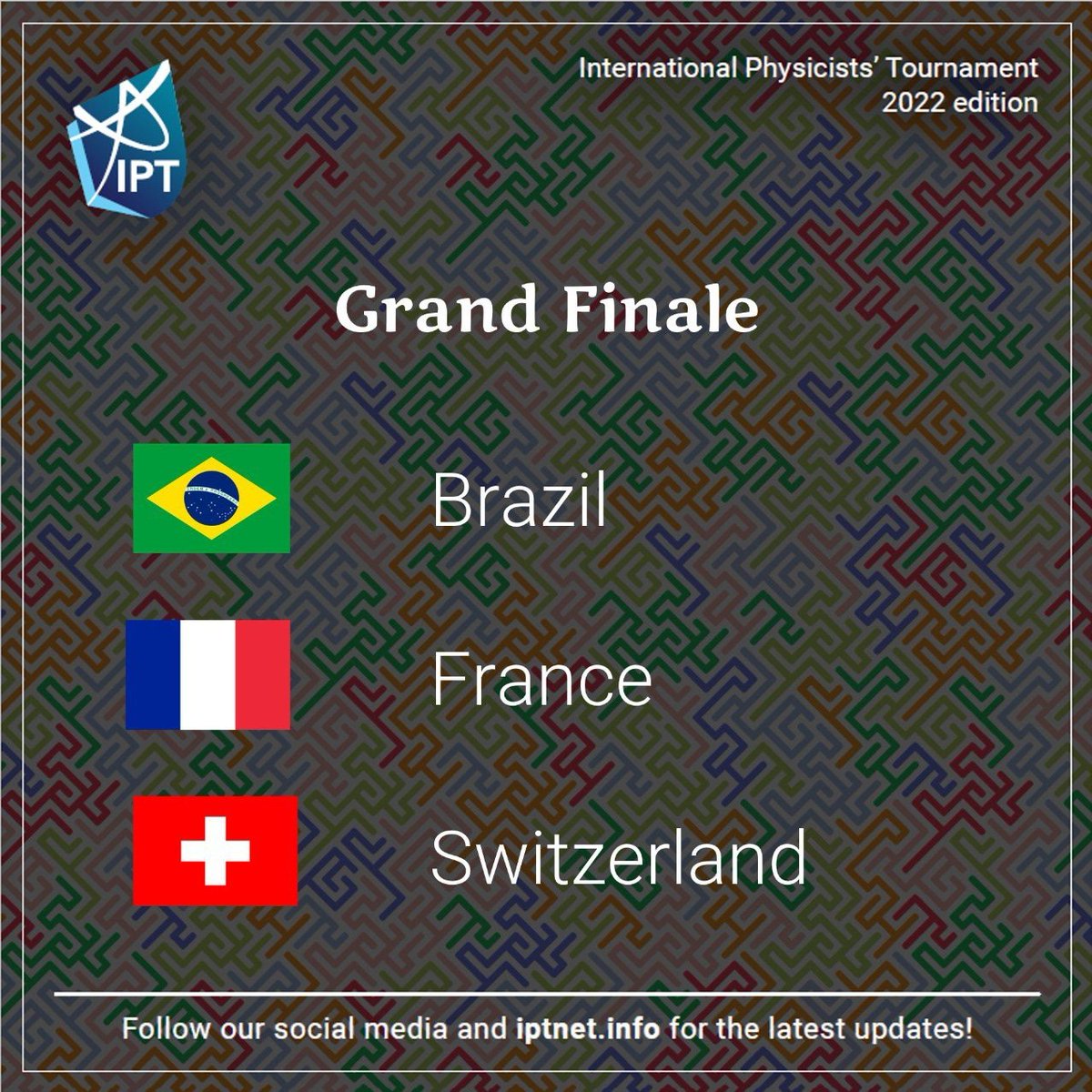 IPT_Official's tweet photo. We will see this Grand Fight tomorrow!
🇧🇷 Brazil, 🇫🇷 France and 🇨🇭 Switzerland will confront to identify the #IPT2022 Champion🏆
Stay tuned to follow the live stream on your YouTube tomorrow https://t.co/s94cp2tnKU