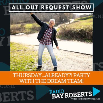 Join us for the #AllOutRequestShow TONIGHT at 7pm only on #RadioBayRoberts!😁

YOU get to choose the music! 🎶

🔊 Get your requests in by calling 709-700-7185 or by commenting under this post!

Listen here: player.live365.com/a32400

<a href="/DelaneysRant/">Ron Delaney</a>