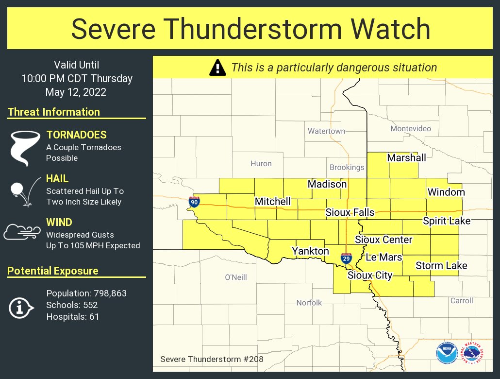 This graphic displays Severe Thunderstorm watch number 208 plotted on a map. The watch is in effect until 10:00 PM CDT. The watch includes parts of Iowa, Minnesota, Nebraska and South Dakota. The threats associated with this watch are a couple tornadoes possible, scattered hail up to two inch size likely and widespread gusts up to 105 mph expected. There are 798,863 people in the watch along with 552 schools and 61 hospitals.