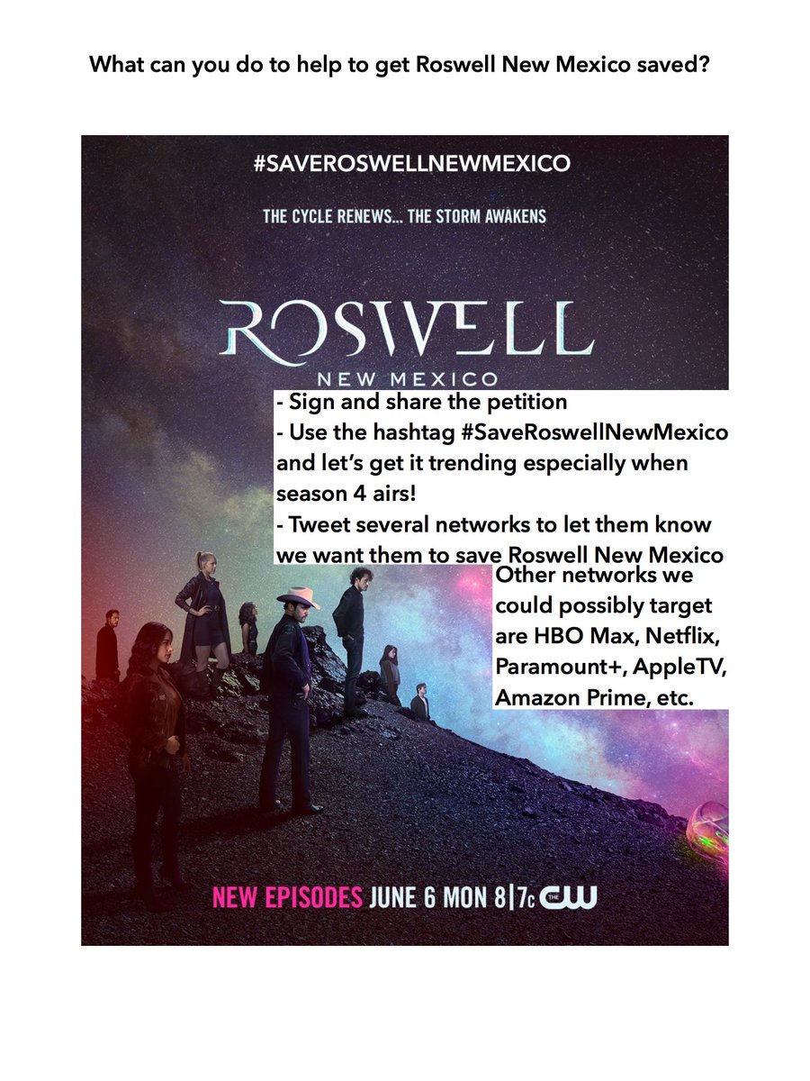SaveRoswellNM's tweet photo. We are all in this together. Let’s put our heads together and come up with good ways to get our show saved. In the meantime here’s what you can do to get our show saved💜
#SaveRoswellNewMexico @Michael_Trevino @AmberMidthunder @heatherhemmens @cadlymack #RoswellNewMexico https://t.co/UEHx627Bkr