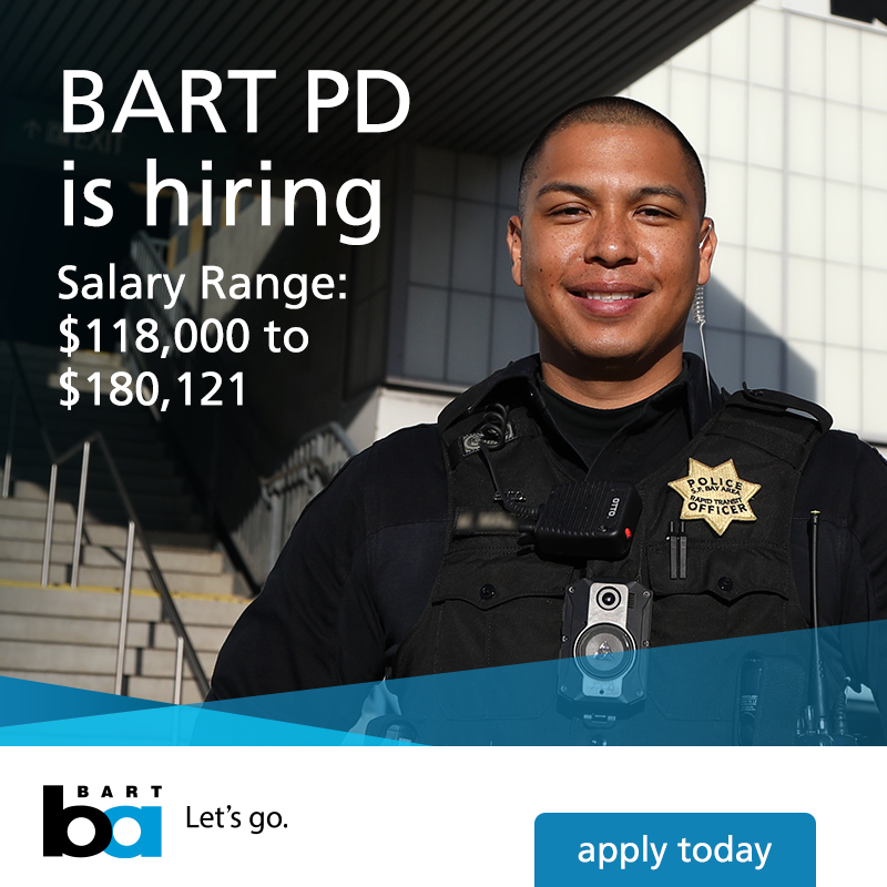 SFBART's tweet photo. BART Police is hiring those who want the best training, community outreach skills, award-winning policing techniques with top salary and benefits.