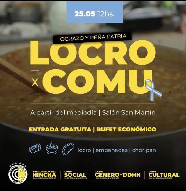schcomu's tweet photo. Se viene se viene!!!! Te lo vas a perder?? Veni, comete un buen locro o unas empanadas o un chori y disfruta de la peña que se está armando a todo trapo!!!!🖤💛🇦🇷 @PrensaComu @SergioRek @CaseroNazareno @siempreconcomu @TCartero @ClubComu https://t.co/Aj4gzRZeJM