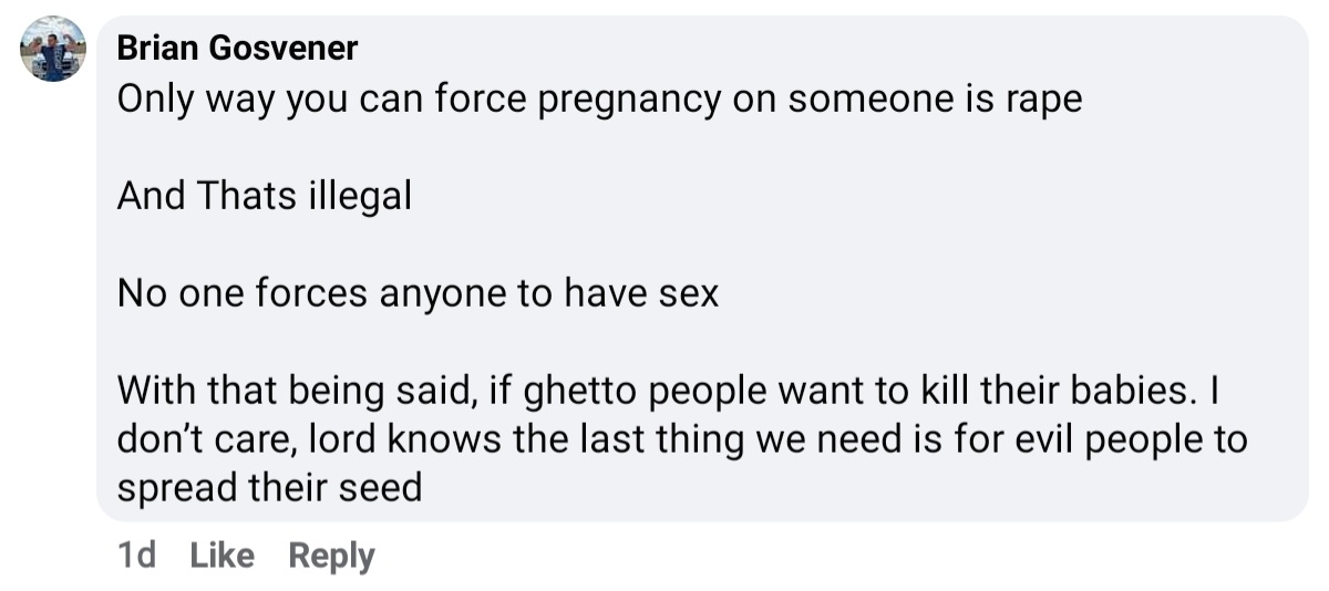 Retired56069055's tweet photo. @BrianGosvener what did you mean by "ghetto people"? And why do you reference that ghetto people are evil? #RoeOverturned #RoeVsWade #RoeVWadeprotest https://t.co/UBsIh2BAjU