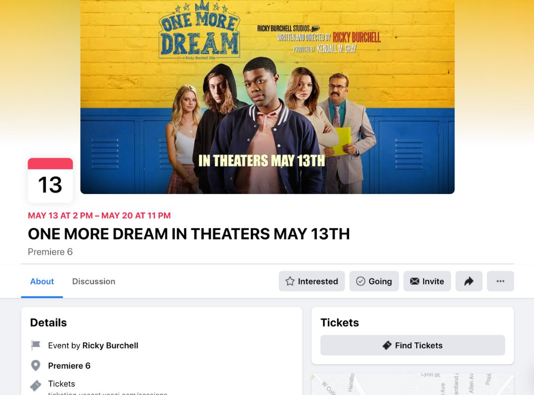 RickyBurchell's tweet photo. Are you coming to the premiere of “One More Dream”? This PG-13 film begins playing May 13, 2022 at Premiere 6 Theatre, Murfreesboro TN. Visit the movie event page and find all details you need to know! https://t.co/kN311AVKlb #murfreesborotn #localfilmmakers #onemoredream https://t.co/lQhUxsspHf