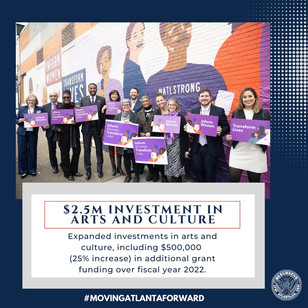 CityofAtlanta's tweet photo. Mayor @Andreforatlanta's first budget proposal for Fiscal Year 2023 is making investments in arts and culture to #MoveAtlantaForward. View the full release regarding the Administration's budget at: https://t.co/UxeFaV6z3g https://t.co/fWS4S6X8PP