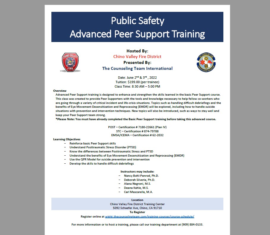 CounselingTeam's tweet photo. Public Safety Advanced Peer Support Training - Chino Valley Fire District - June 2-3, 2022 https://t.co/BHXhiKkoZc