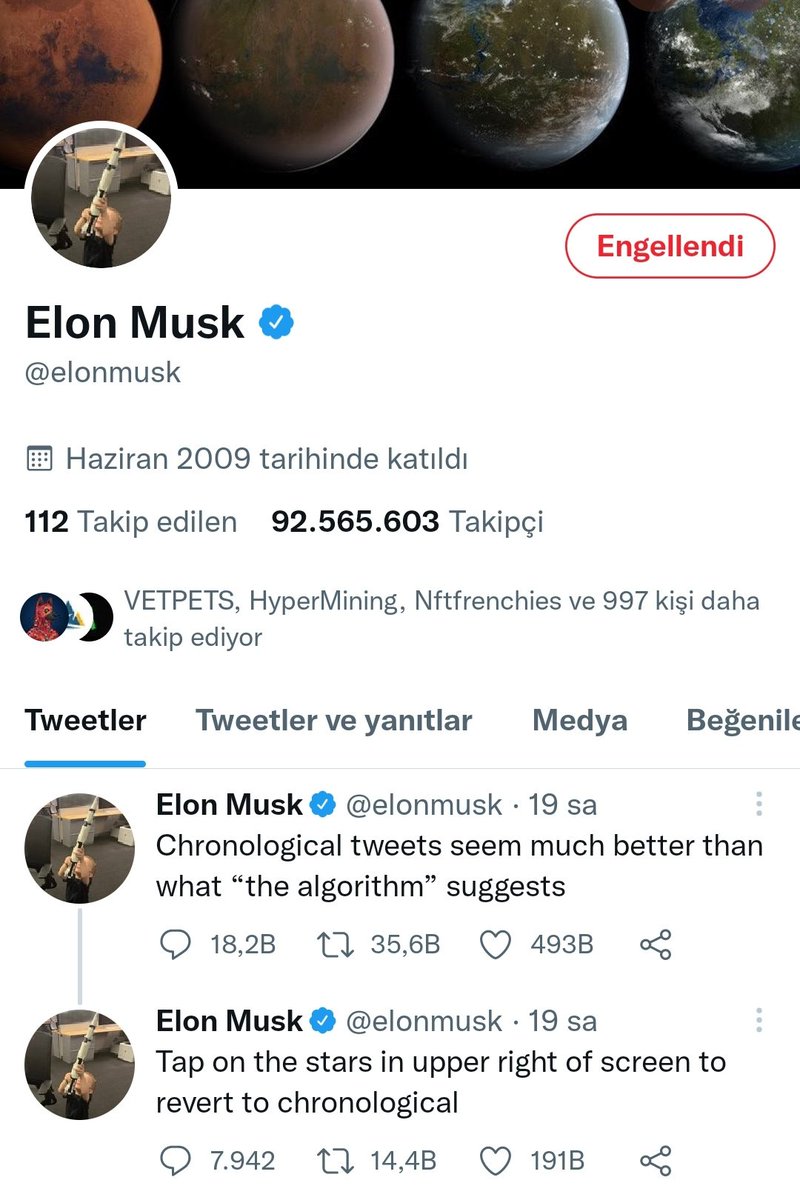 Elon Musk, owner of Twitter, is blocking his own social digital platform. I'm blocking the crazy cool tech expert of the digital world, Elon Musk. Community joke with fanbase
<a href="/elonmusk/">Elon Musk</a> <a href="/opensea_support/">OpenSea Support</a> <a href="/opensea/">OpenSea</a> @Dunyadanmeta <a href="/BlackettMusic/">Benjamin Blackett </a> <a href="/BlackettPromo/">BlackettMusic.com - Art Promotion</a> <a href="/Twitter/">Twitter</a>