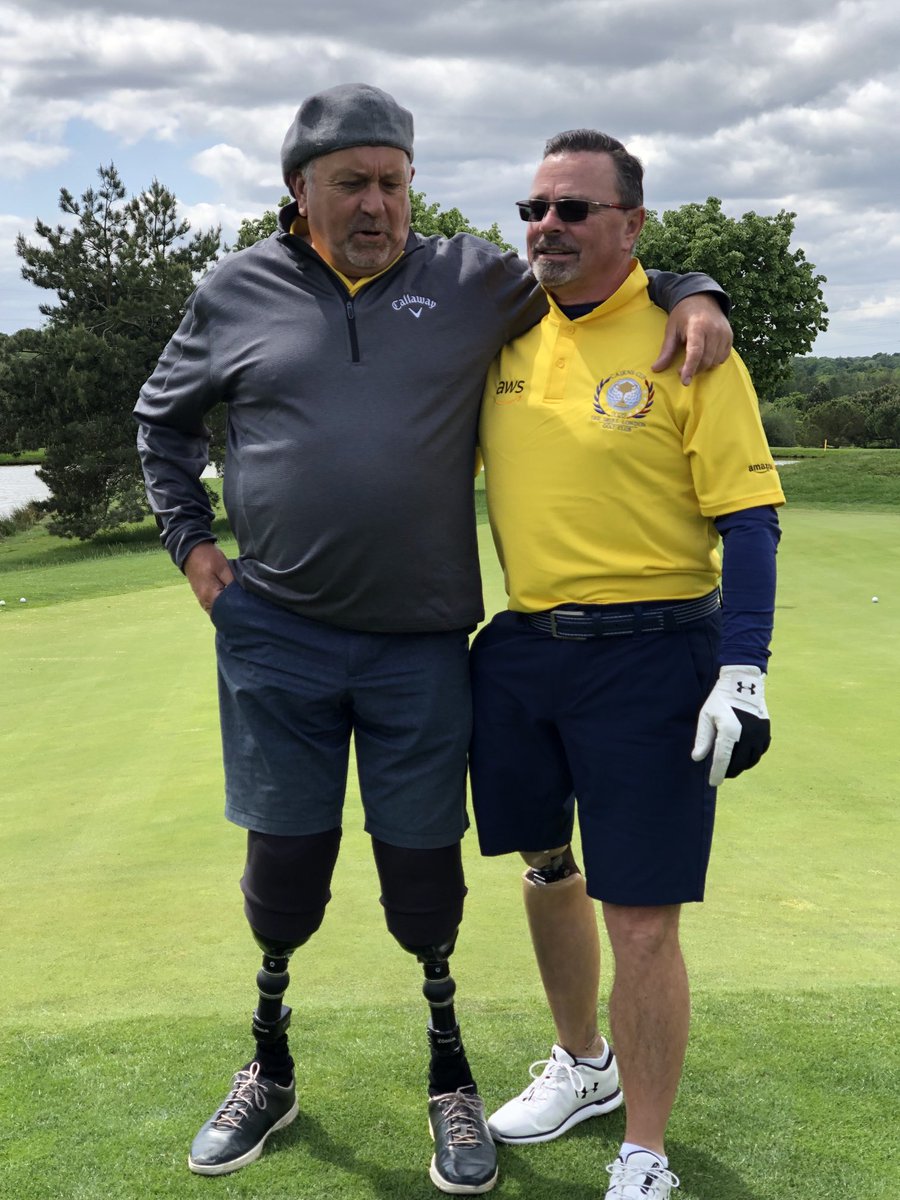jonathan_favell's tweet photo. What a privilege to caddy for this legend today at The Cairns Cup at ⁦@theshirelondon⁩ Inspirational event with the participants more so.  I’m not sure my caddying style will catch on, but I felt it important to stay hydrated.  ⁦@DodgeNicholas⁩ ⁦@craigcowper⁩ https://t.co/EkcS4QOK78