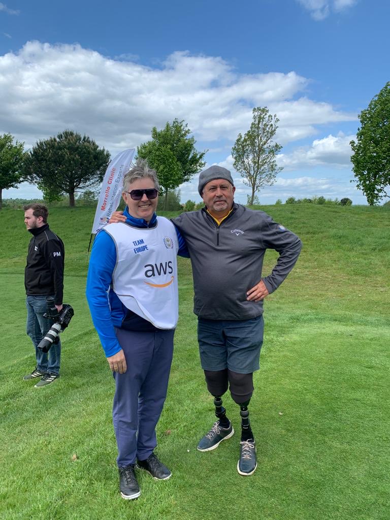 jonathan_favell's tweet photo. What a privilege to caddy for this legend today at The Cairns Cup at ⁦@theshirelondon⁩ Inspirational event with the participants more so.  I’m not sure my caddying style will catch on, but I felt it important to stay hydrated.  ⁦@DodgeNicholas⁩ ⁦@craigcowper⁩ https://t.co/EkcS4QOK78