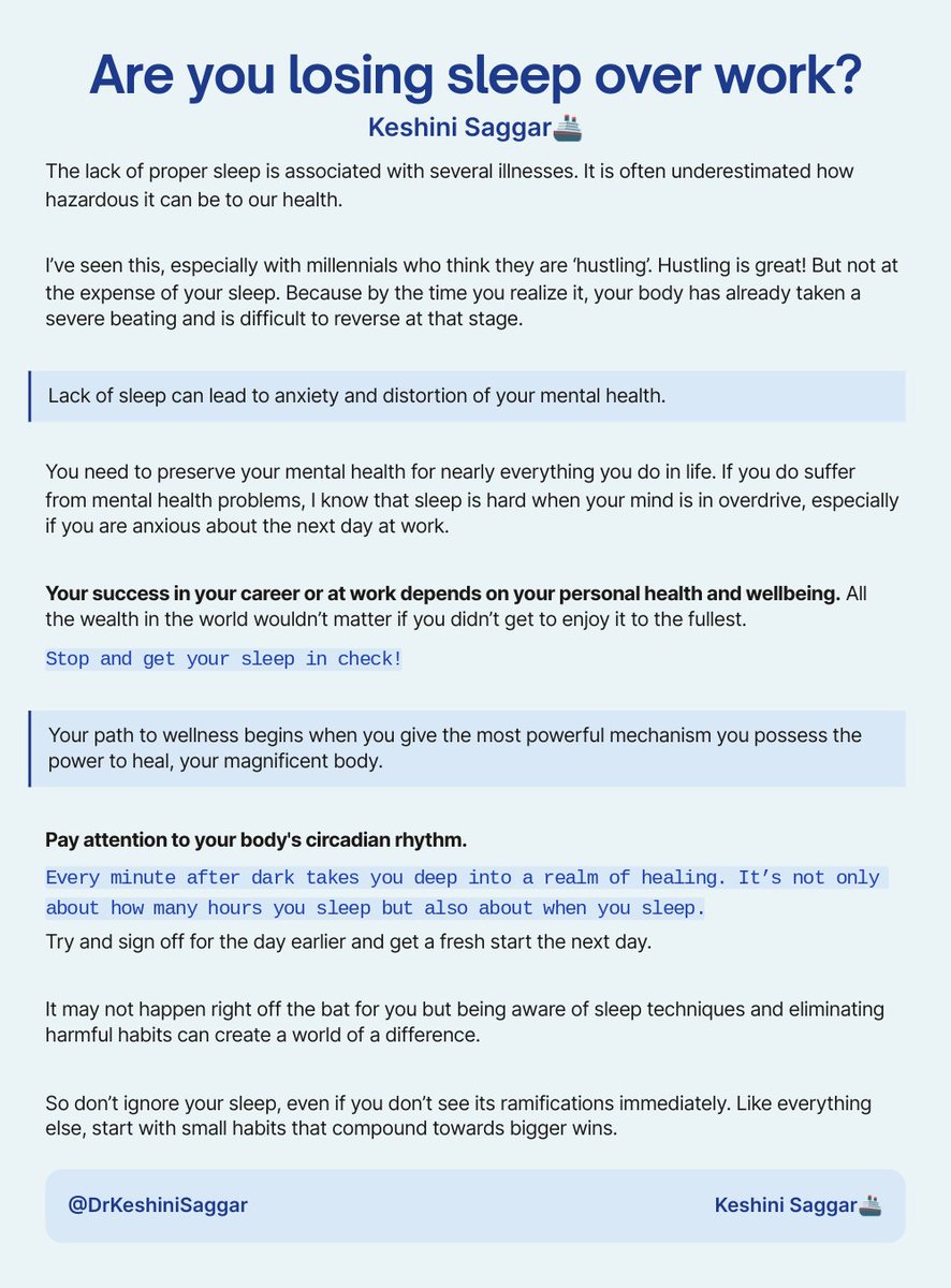 DrKeshiniSaggar's tweet photo. Losing sleep over work has become a norm of late, it's even something that people take pride in.
The impact of this habit is not visible right away, but leaves long-lasting ill-effects.
So here's a reminder for your mental-wellbeing:
@ship30for30
#SleepAndWellness #tweet100 https://t.co/ikvKKVBVUA