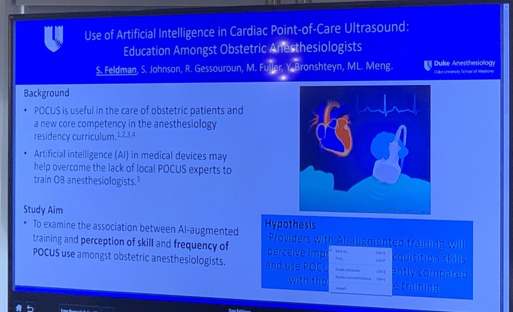 JenDominguezMD's tweet image. Proud of CA-2 resident and future #OBAnes fellow Dr @SaraFeldman presenting at @SOAPHQ #SOAP2022 on #POCUS education using AI technology. @DukeAnesRes @Duke_Anesthesia @DukeAnesFellows @maloumeng @thefyuriy