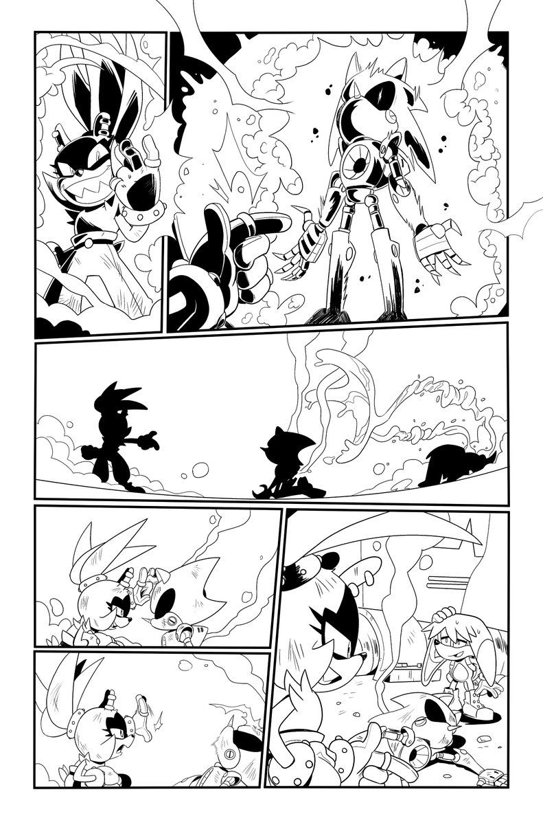 Its been out for a while-- these are my favorite pages I inked with @thomas_rsvd 's AMAZING pencils! Loved work on Sonic the hedgehog IDW's imposter syndrome sooo much, and I hope to get some opportunity like this in the future! 

Surge and Kit kill metal sonic yolo 4/20 