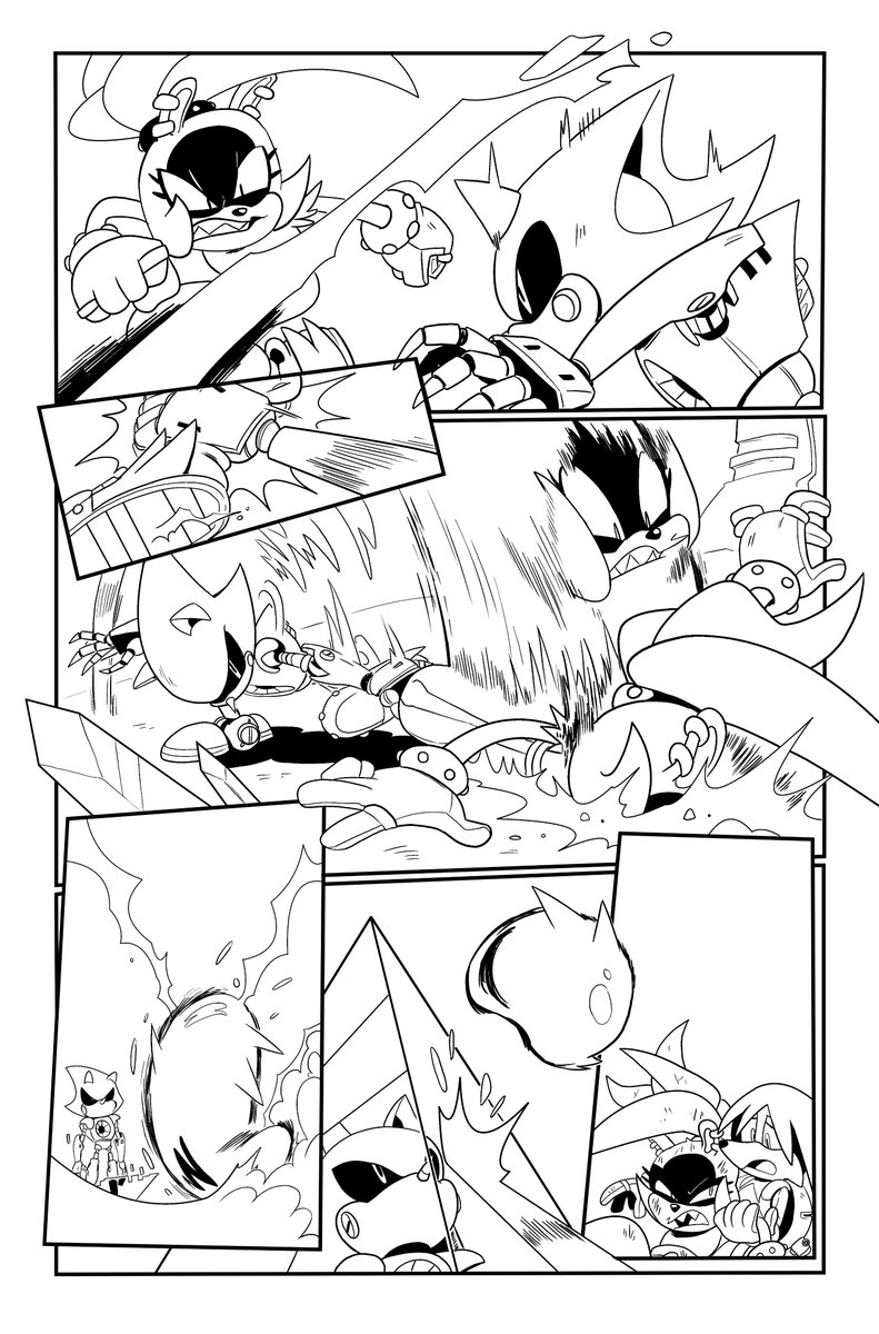 Its been out for a while-- these are my favorite pages I inked with @thomas_rsvd 's AMAZING pencils! Loved work on Sonic the hedgehog IDW's imposter syndrome sooo much, and I hope to get some opportunity like this in the future! 

Surge and Kit kill metal sonic yolo 4/20 