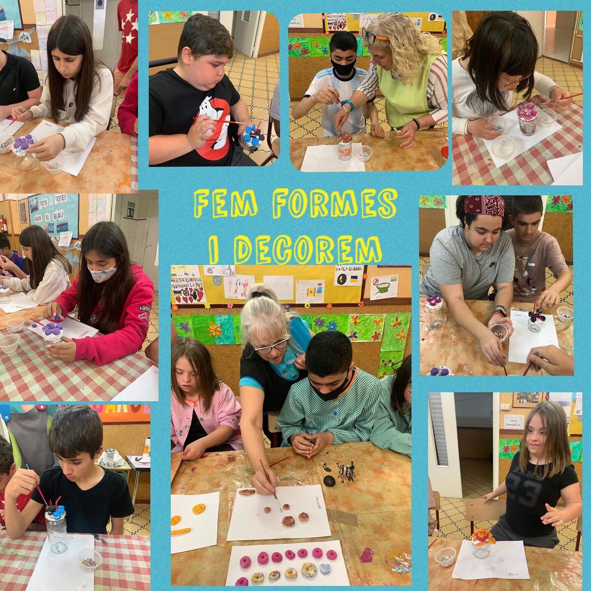 fepmontserratee's tweet photo. Avui, la mare de la Julia ens ha ensenyat a fer porcellana freda!🖌 Amb diferents eines i motllos hem creat petites peces de reposteria de molts colors amb les que hem decorat pots🧡💚💙 Gràcies Ruth! #creativitatalpoder🎨 #somartistes #somfep https://t.co/QCly5K3n6d