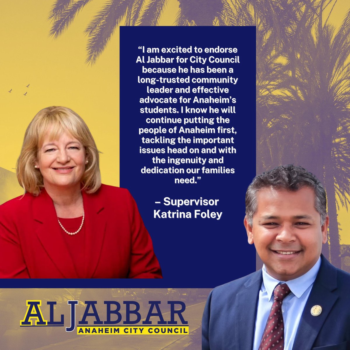 JoinAlJabbar's tweet photo. Thank you Supervisor @KatrinaFoley for your support of my campaign for Anaheim City Council! I'm looking forward to our continued partnership to deliver results for Anaheim families. #AlforAnaheim https://t.co/4dcVoc5nVd