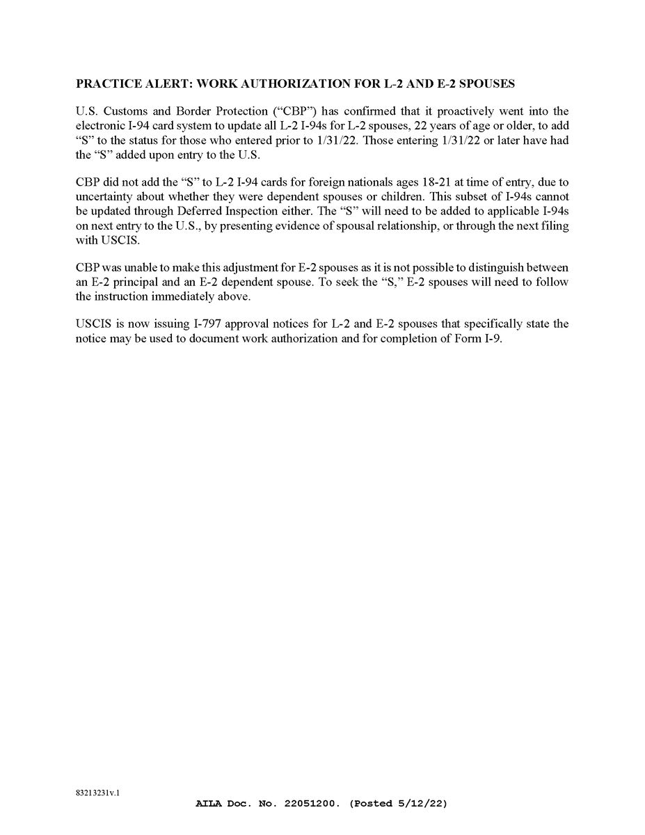 PuyangLaw's tweet photo. E &amp; L spouses don't need separate work authorization (EAD) to work. Work auth is now evidenced by either I-797 approval notice or I-94. 

Since Jan 2022, USCIS &amp; CBP have been issuing new notices and updating I-94s to reflect the new rule.

 #L2

https://t.co/tryPaCahEm https://t.co/cuuPcNnwiE
