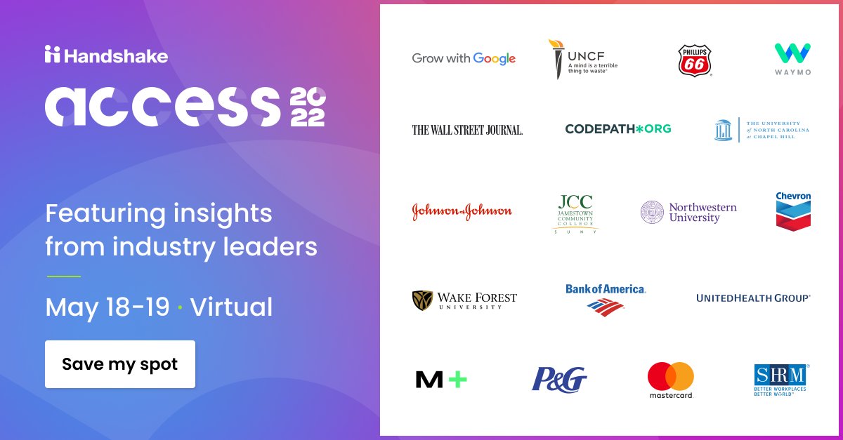 iamsamwheeler's tweet photo. #HandshakeAccess2022 is just around the corner! The two day agenda is packed full of speakers that you won’t want to miss hearing from! The @joinHandshake  conference is fully virtual and free, register today at https://t.co/3VyfJ6VKbF https://t.co/xvhZytzrMt