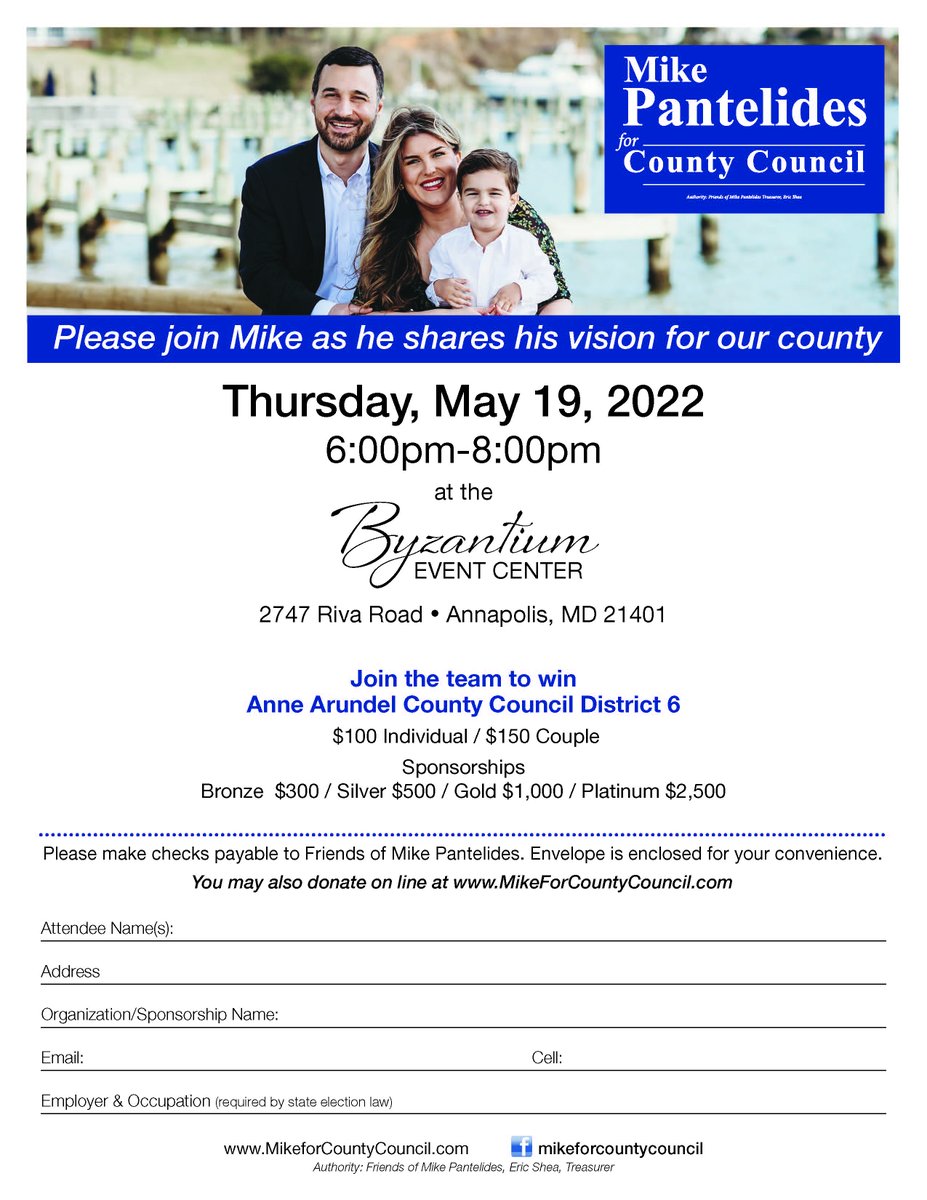VotePantelides's tweet photo. Here are the details for my first fundraiser on the 19th. We have an important election this November and once again I need your support. #Annapolis  Click here to sign up https://t.co/9E07wUwZHG https://t.co/zoeNLLtP7A