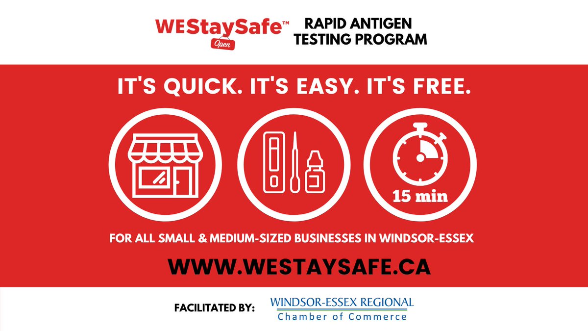 WERCofC's tweet photo. DYK - the #WEChamber has distributed over 170,000 rapid tests to local small & medium sized businesses?
Order FREE rapid test kits for your workplace today! Visit https://t.co/2h9AqnLe1I for more information.
#WEStaySafe #COVID19 #SMEs #rapidtesting #WindsorEssex #YQG https://t.co/SsJT7QpEjd