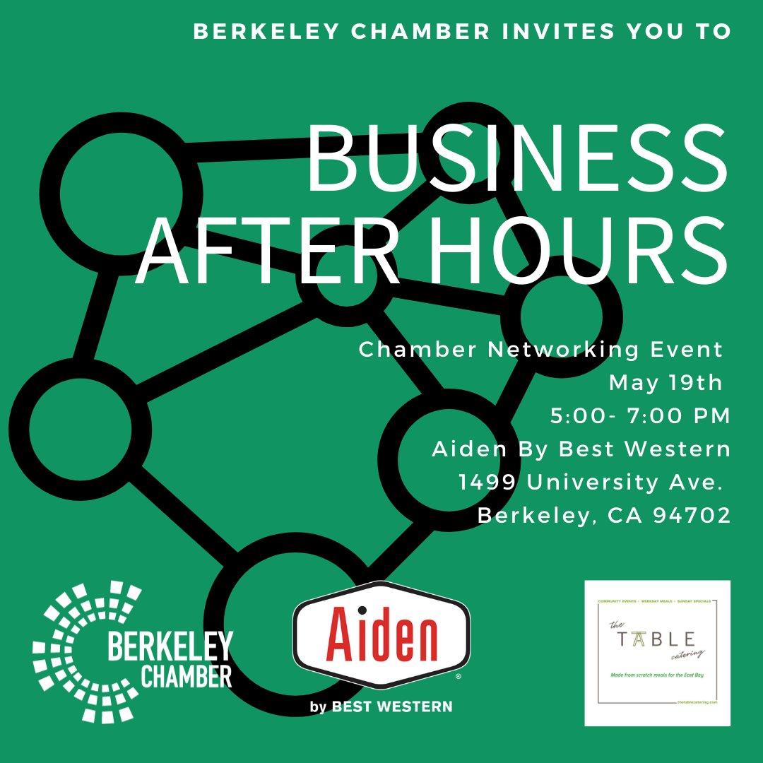 weBerkeley's tweet image. Join us on May 19th from 5-7PM on the rooftop of the Aiden Best Western for our Business After Hours! This is not to be missed. register online at berkeleychamber.com