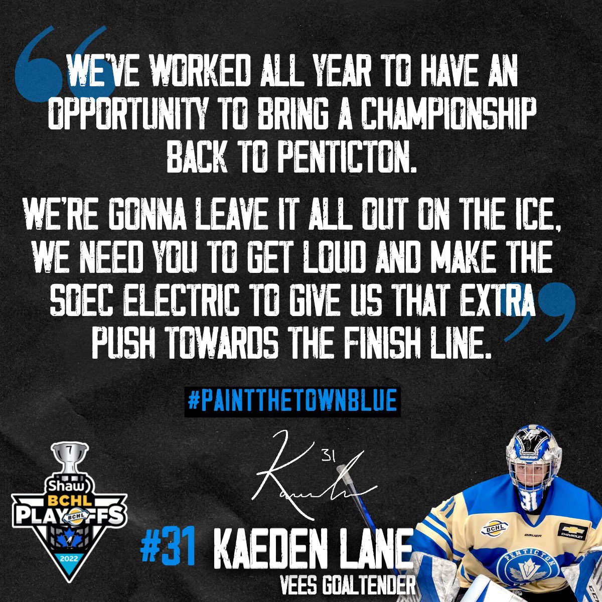 A message from the man between the pipes!

Laner wants to hear the <a href="/SOEC/">SOEC</a> LOUD tomorrow night!

#BCHLPlayoffs | #PaintTheTownBlue