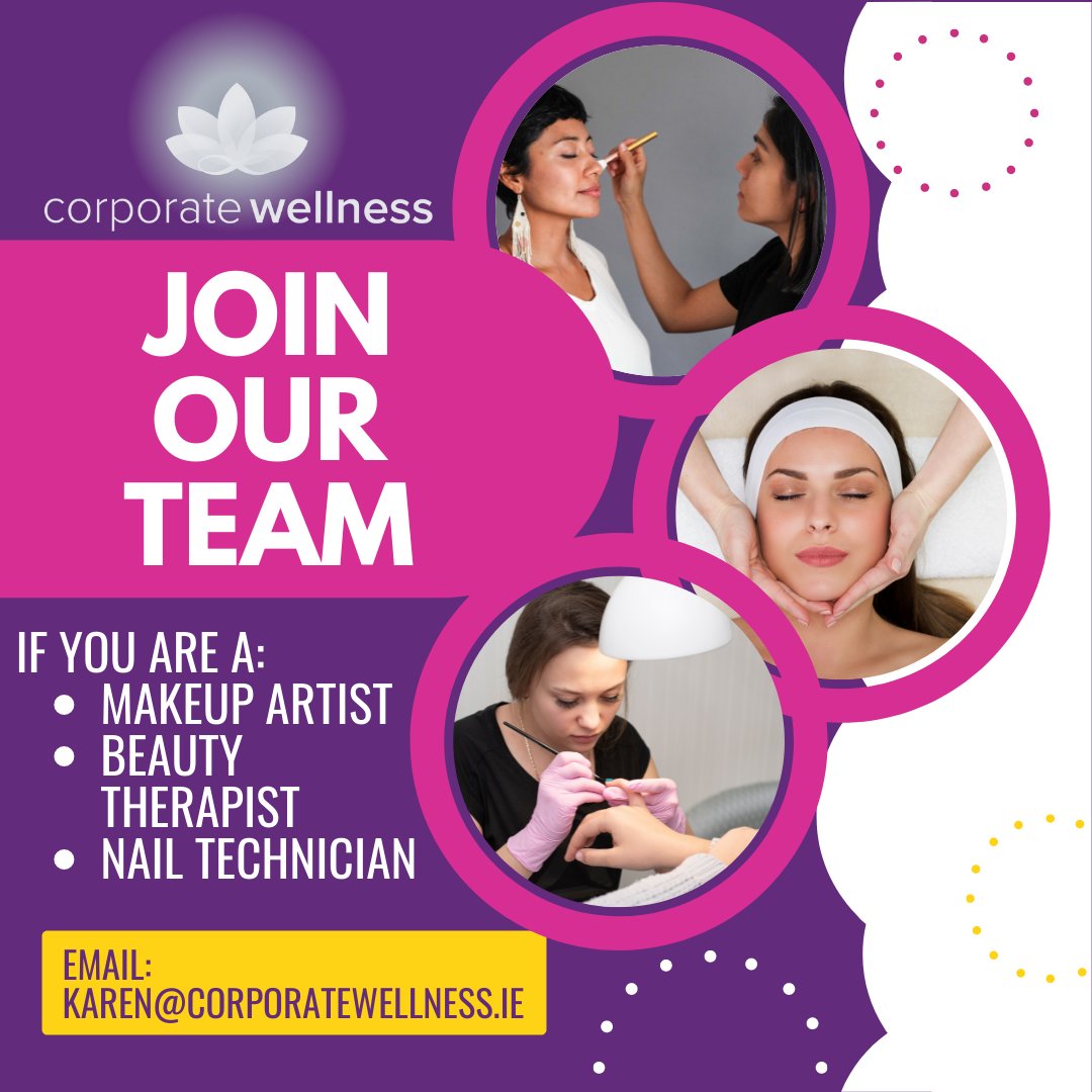 CorpWellIre's tweet photo. #Jobfairy We are looking for fully qualified and insured: 𝘔𝘢𝘬𝘦𝘶𝘱 𝘈𝘳𝘵𝘪𝘴𝘵𝘴, 𝘉𝘦𝘢𝘶𝘵𝘺 𝘛𝘩𝘦𝘳𝘢𝘱𝘪𝘴𝘵𝘴 &amp; 𝘕𝘢𝘪𝘭 𝘛𝘦𝘤𝘩𝘯𝘪𝘤𝘪𝘢𝘯𝘴⁣
We need more than one person for each skill set.⁣
To enquire, get in touch with Karen at karen@corporatewellness.ie ⁣ https://t.co/EA8KeJES6o