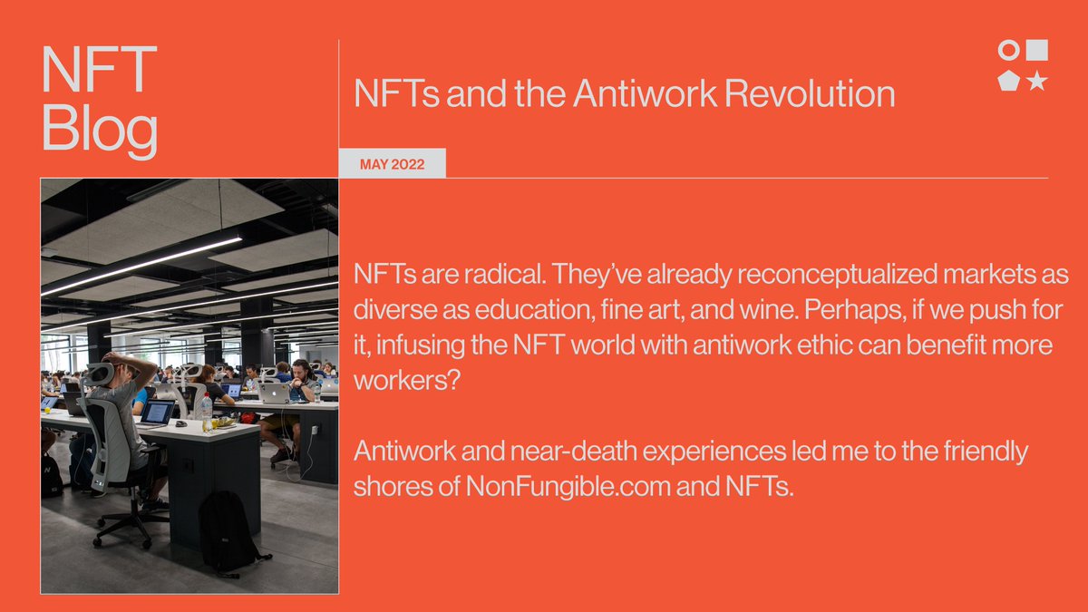 nonfungibles's tweet photo. NFTs and the Antiwork Revolution

NFTs are radical. They’ve already reconceptualized markets as diverse as education, fine art, and wine. Perhaps, if we push for it, infusing the NFT world with antiwork ethic can benefit more workers?

https://t.co/mBUG1a5ndm

#NFT #antiwork https://t.co/kGRK2x7KBS