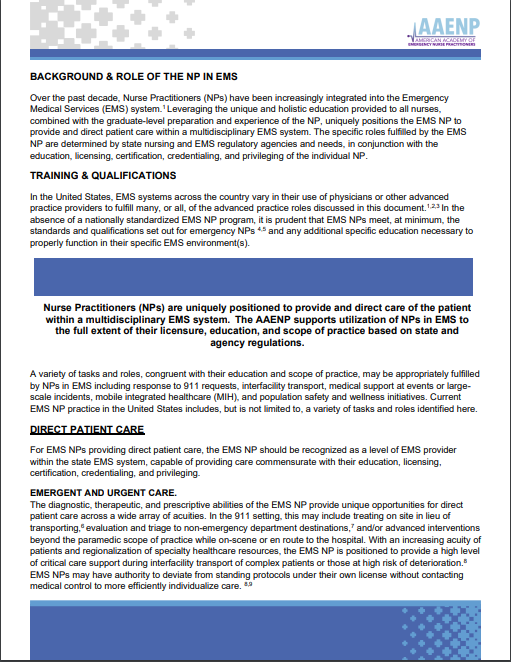 Chivas_EMS_NP's tweet photo. Exciting times are ahead for NPs interested in EMS. Read the new position statement released this week by AAENP. I'm thankful to have co-authored this document with three amazing individuals (@JacobMillerACNP, Warren Shaulis, and Sarah Somers). #EMSNP @AAENP2 https://t.co/GnVvNlj041