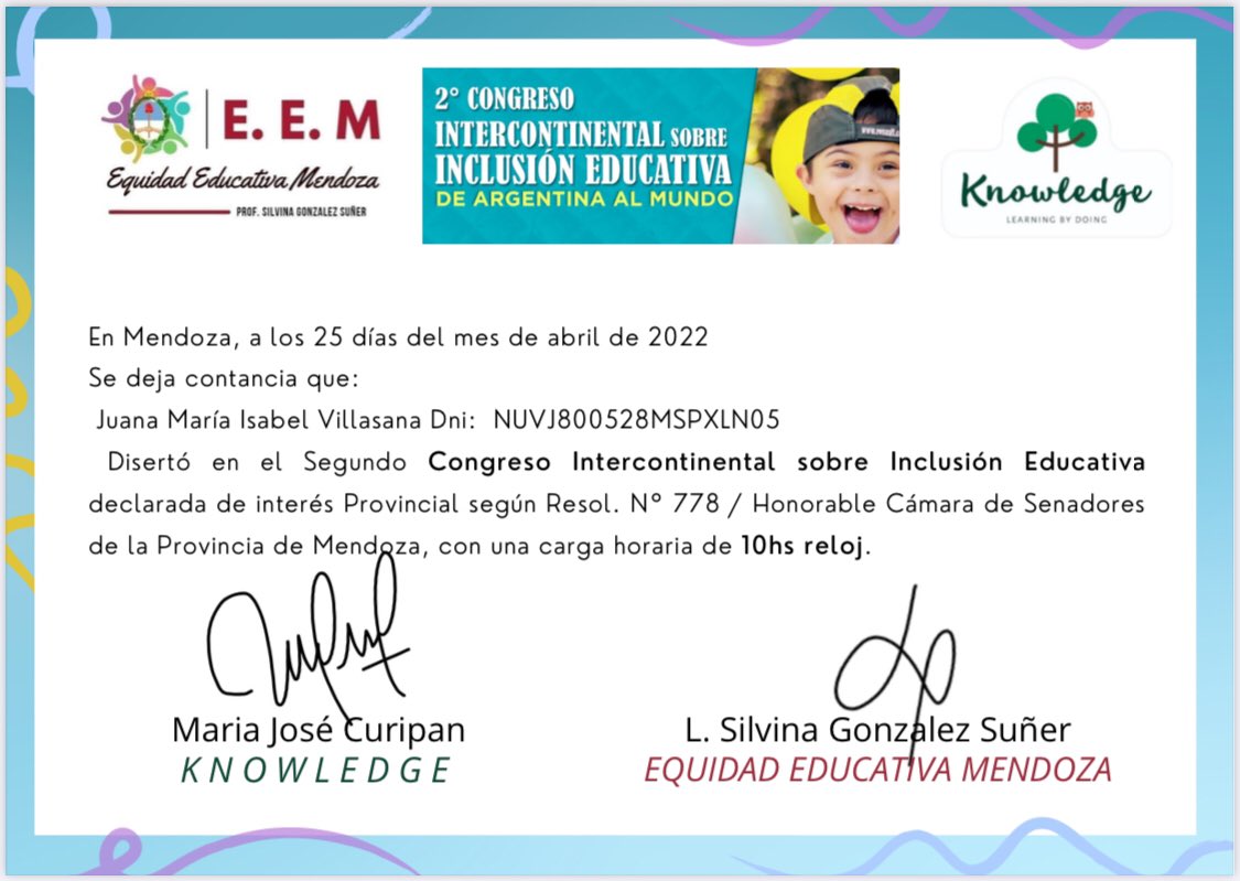Agradezco la oportunidad de haber participado en este Congreso, esperando que pronto también en #México sea grande el interés por la #inclusión educativa en todos los tipos de #discapacidad.
Gracias #Argentina!