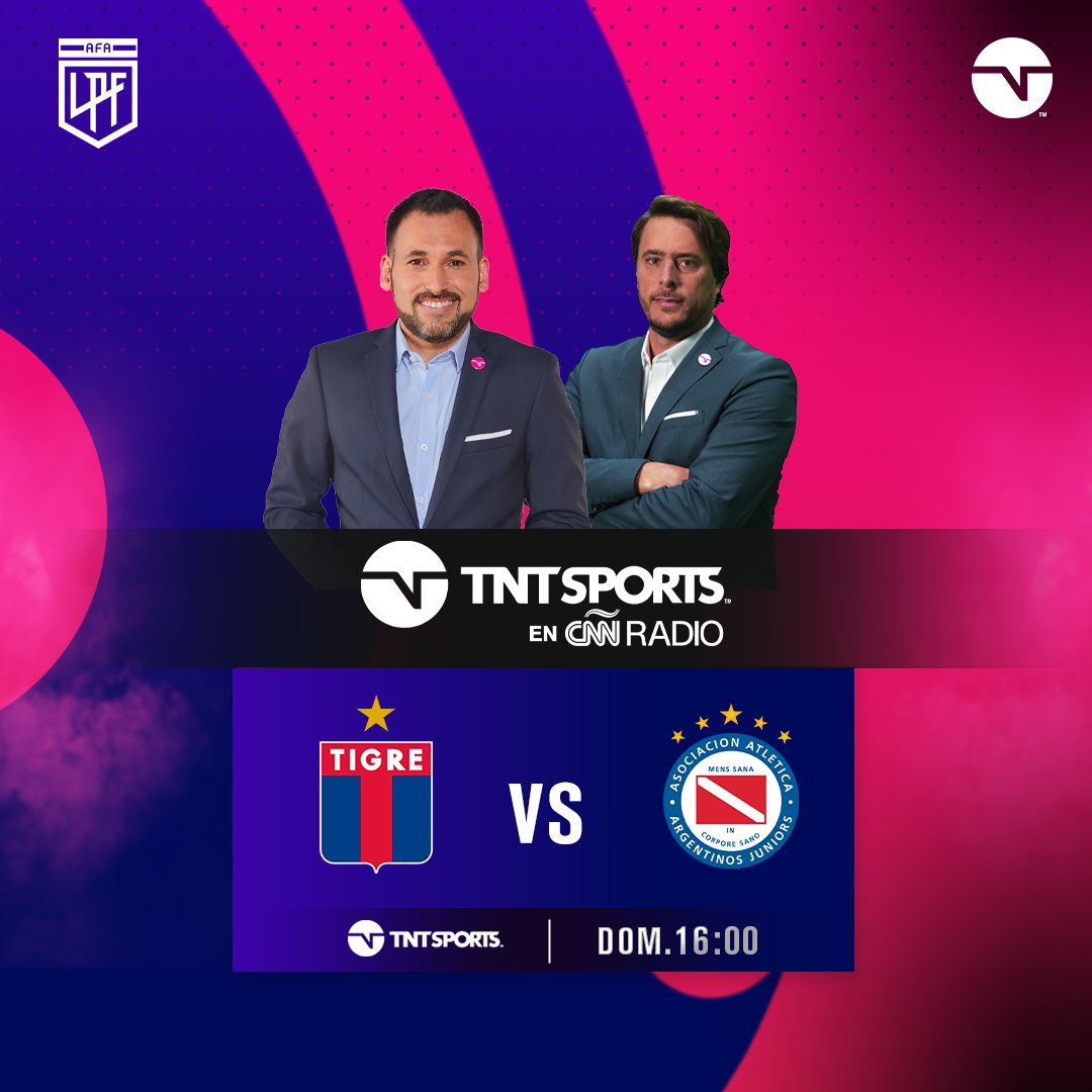 TNT Sports Argentina (@tntsportsar) on Twitter photo Este fin de semana arrancan las transmisiones de TNT Sports por CNN Radio (<a href="/cnnradioarg/">CNN RADIO ARGENTINA AM950</a>) 📻
⚽ BOCA VS. RACING
🗓 Sábado 14/5
⏰ 17:00
🎙 <a href="/olavegol/">diego olave</a> y <a href="/fabig08/">Fabián Godoy</a>
⚽ TIGRE VS. ARGENTINOS
🗓 Domingo 15/5
⏰ 16:00
🎙 <a href="/haasenico/">Nicolás Haase</a> y <a href="/chiquitogarcia/">matias chiki garcia</a> Este fin de semana arrancan las transmisiones de TNT Sports por CNN Radio (<a href="/cnnradioarg/">CNN RADIO ARGENTINA AM950</a>) 📻
⚽ BOCA VS. RACING
🗓 Sábado 14/5
⏰ 17:00
🎙 <a href="/olavegol/">diego olave</a> y <a href="/fabig08/">Fabián Godoy</a>
⚽ TIGRE VS. ARGENTINOS
🗓 Domingo 15/5
⏰ 16:00
🎙 <a href="/haasenico/">Nicolás Haase</a> y <a href="/chiquitogarcia/">matias chiki garcia</a>