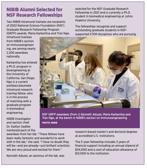 Highlighted in the @NIH-Wide Newsletter, @NIHCatalyst, @adusei_m, @MKarkanitsa, and @_tranngo have a big shoutout! 🤩 @NIBIBgov postbac alum are going places 🚀 graduate ed at @HopkinsEngineer, @UCSDJacobs, and @UFMDPhD