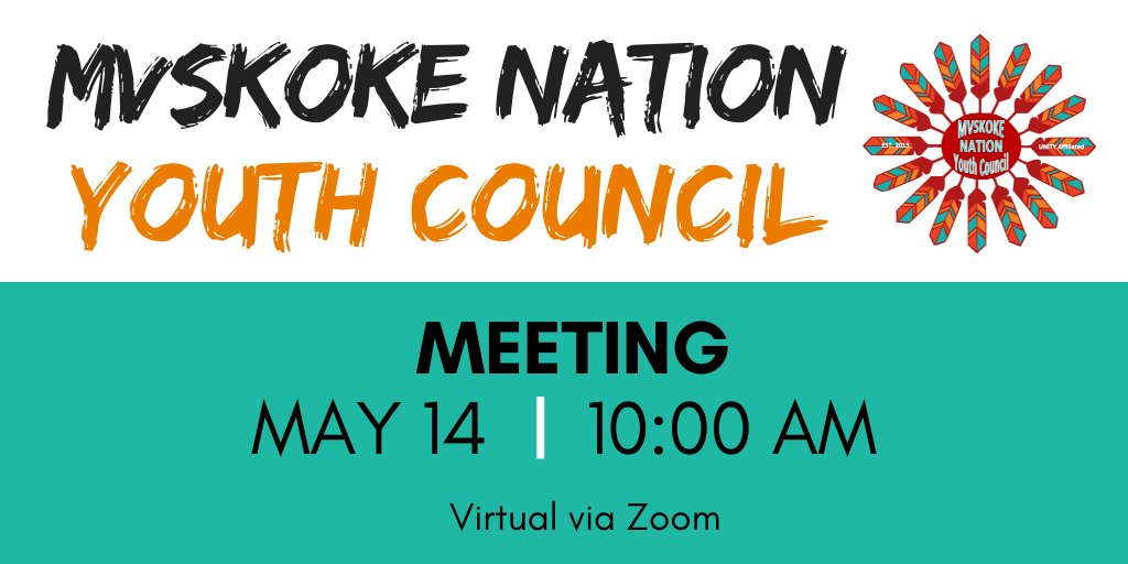 Update! The Mvskoke Nation Youth Council Meeting for this month will be held virtually via zoom. Join this Saturday, May 14th at 10 AM to participate in the meeting!

Register at:
mvskokeyouth.com/event-registra…