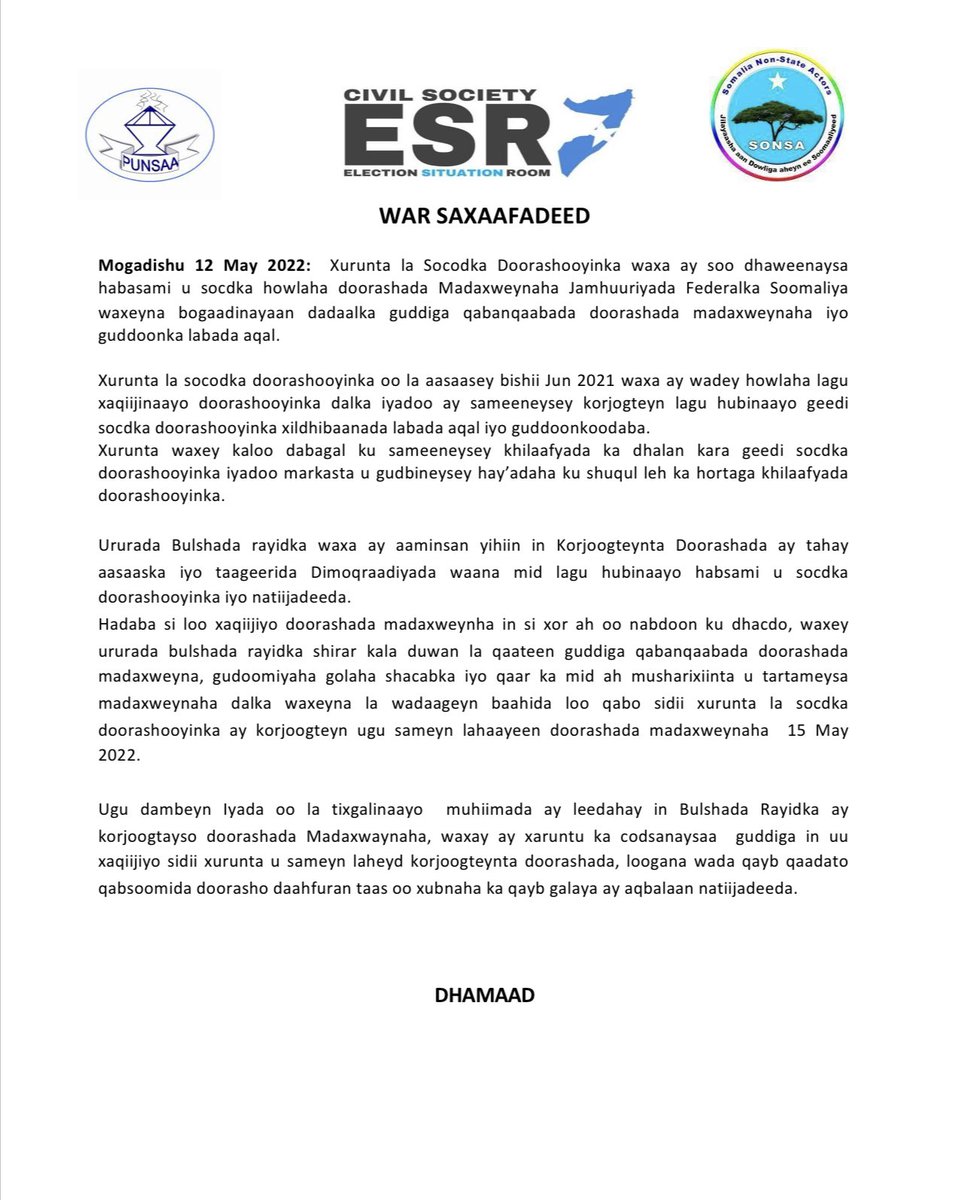 ESR Press Release on the welcoming of process of presidential election and commends the organising committee and the speakers of the both houses.
#Somalia #Elections2022 #SomaliaElections2022
