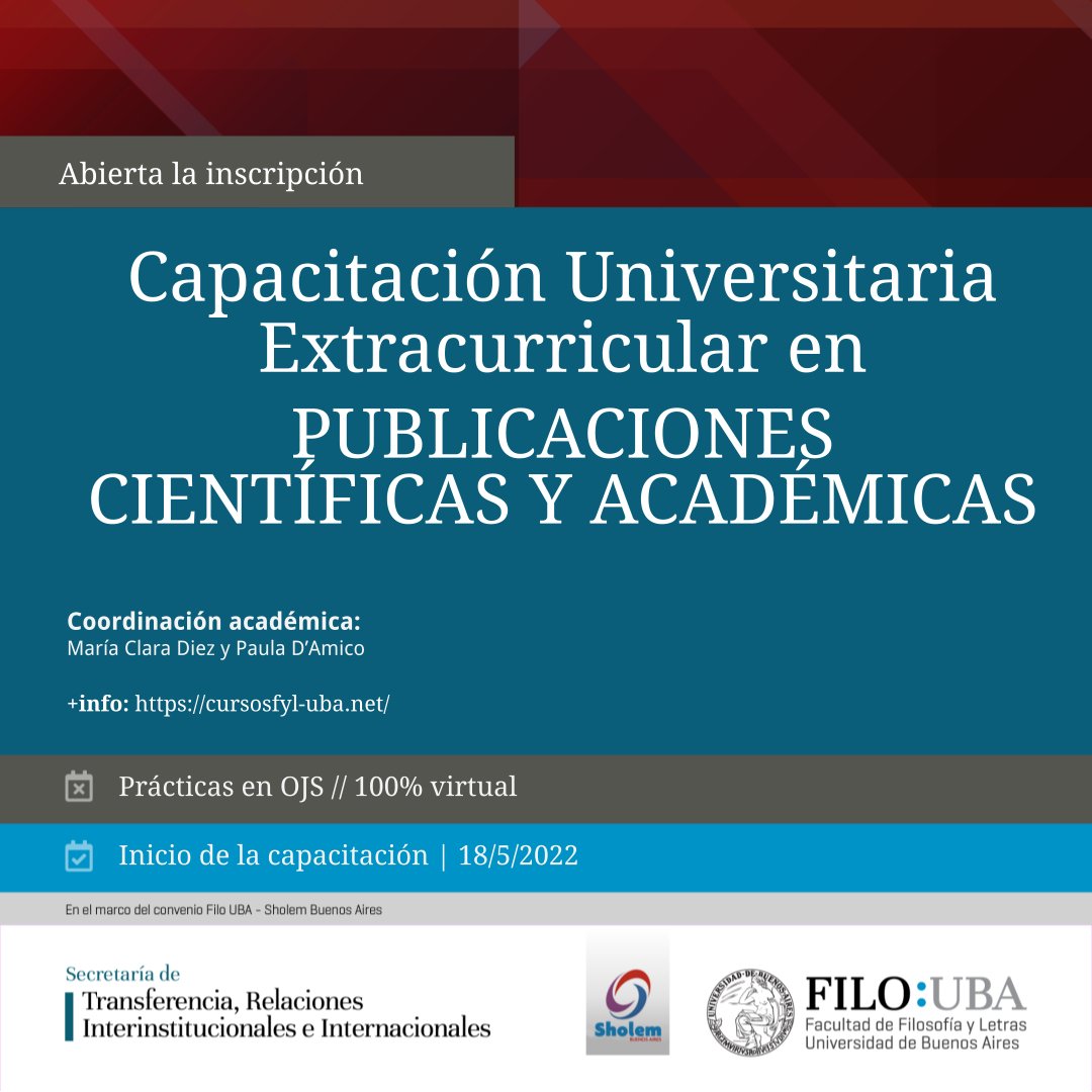filo_uba's tweet photo. CAPACITACIÓN Universitaria en “Publicaciones Científicas y Académicas"
🗓️ Inicia 18 de mayo de 2022
📌 Coordinación académica: María Clara Diez y Paula D'Amico
+info
https://t.co/YWozmKxQkS
#filouba #cuex #edicion #publicaciones https://t.co/KqySNHHtFz