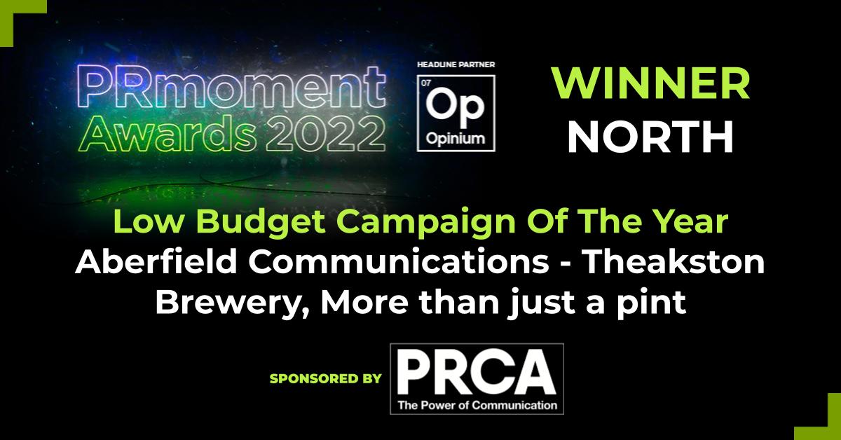 therealprmoment's tweet photo. And the Gold Award goes to @AberfieldPR- Theakston Brewery, More than just a pint! Great job, well done! #PRMomentAwards https://t.co/2UShbV59e9