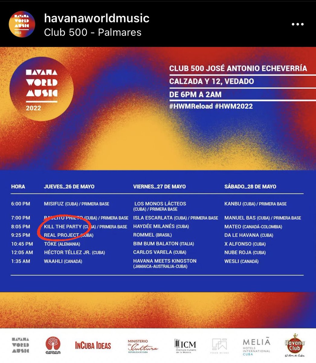 El jueves 26 de mayo tengo el gusto de participar en el eventazo de Havana World Music con la banda que me vio nacer como cantante: <a href="/killthepartyboy/">Kill the Party 🇨🇺</a> ... definitivamente será uno de los eventos musicales más grandes del año en Cuba. Chequea!!