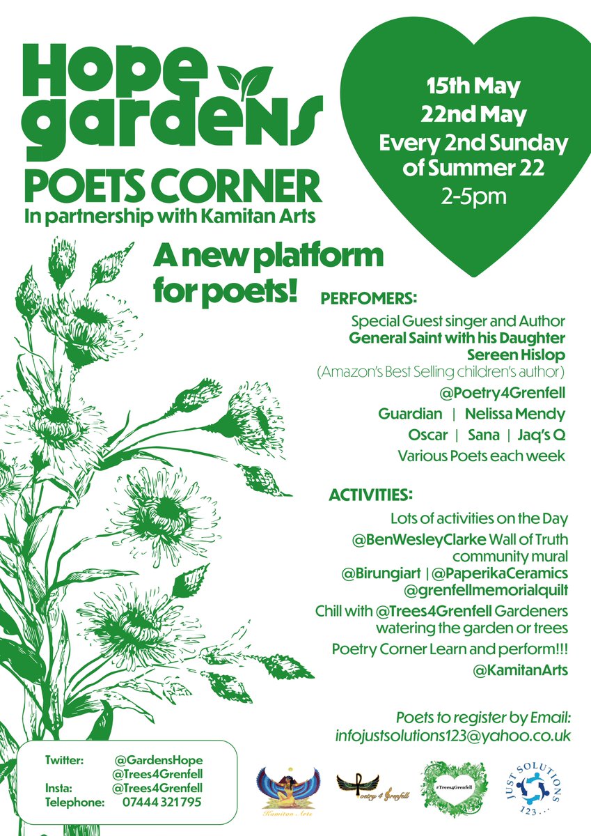 Come join @Trees4Grenfell_ @GardensHope this & next Sunday with #Gardeners #Artists #Singers #Poets #Musicians #Poetry4Grenfell team will be there and the #KamitanArts family @EmpresS1Egypt  will be hosting the open-mic on the 22nd between 2-5pm with live musicians! @officialJ4G