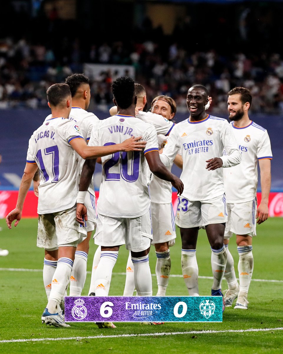 realmadrid's tweet photo. ⏸️ FP: @realmadrid 6-0 @LevanteUD
⚽ @ferland_mendy 13', @Benzema 19', @RodrygoGoes 34', @vinijr 45', 68', 83'
#RealMadridLevante | #Emirates https://t.co/DZU4R73nyO