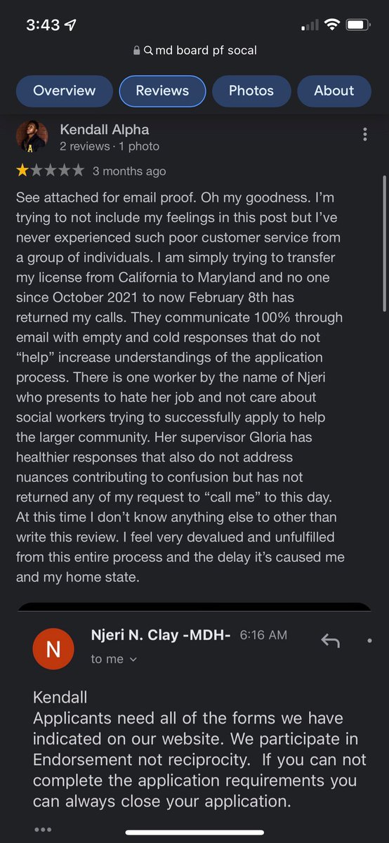 JoCee513's tweet photo. @GovLarryHogan Interesting. Meanwhile, the Maryland Board of Social Workers has managed to achieve radio silence. Oh, except for this Rep who responds to Google reviews. Can’t respond to emails, or do the job… https://t.co/4kCMFXffzp
