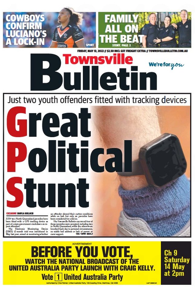 ๐ต๐๐๐๐ ๐ฟ๐๐๐๐ ๐๐๐๐๐ข ๐ฐ (@ukpapers) on Twitter photo ๐ฆ๐บ Great Political Stunt
โซJust two youth offenders fitted with tracking devices
โซ<a href="/ShaylaBulloch/">Shayla Bulloch</a> ๐ฆ๐บ
<a href="/tsv_bulletin/">Townsville Bulletin</a> #frontpagestoday #Australia ๐ฐ ๐ฆ๐บ Great Political Stunt
โซJust two youth offenders fitted with tracking devices
โซ<a href="/ShaylaBulloch/">Shayla Bulloch</a> ๐ฆ๐บ
<a href="/tsv_bulletin/">Townsville Bulletin</a> #frontpagestoday #Australia ๐ฐ