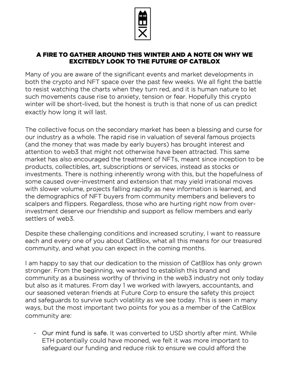 wolfieboi124's tweet photo. Hello my Cats, I understand it’s an uncertain time and I wanted to share some overall thoughts on the market and specifically how CatBlox is responding. Blessed to be on this journey with you all 🙏🏼 https://t.co/V8J1Ja7pNd