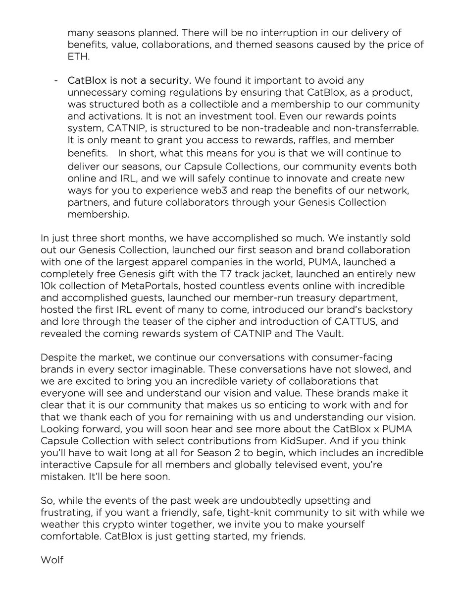 wolfieboi124's tweet photo. Hello my Cats, I understand it’s an uncertain time and I wanted to share some overall thoughts on the market and specifically how CatBlox is responding. Blessed to be on this journey with you all 🙏🏼 https://t.co/V8J1Ja7pNd